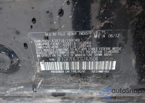 2012 Subaru Impreza Wrx Premium из США, поврежденный, VIN JF1GR7E67CG242604